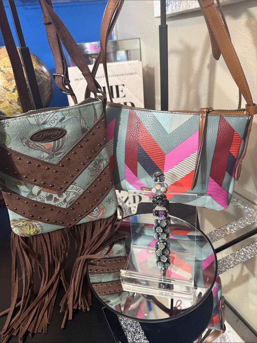 Ed Hardy Brown Fringe Crossbody with Multicolor Chevron Wristlet
